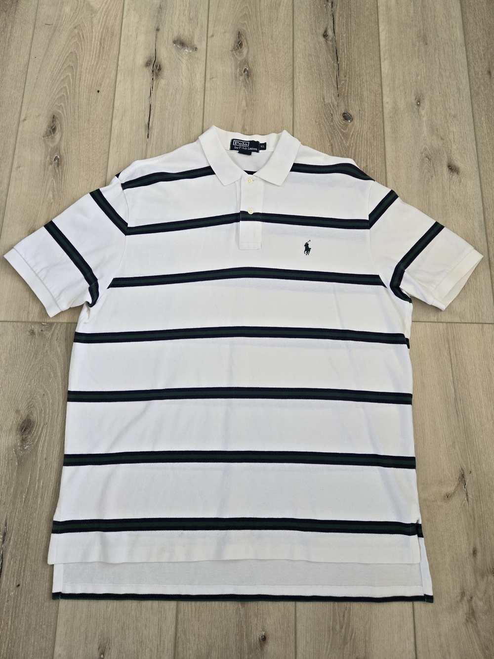 VNTG Polo Ralph Lauren Men's XL White Striped Short Sleeve Polo Cotton Knit Logo
